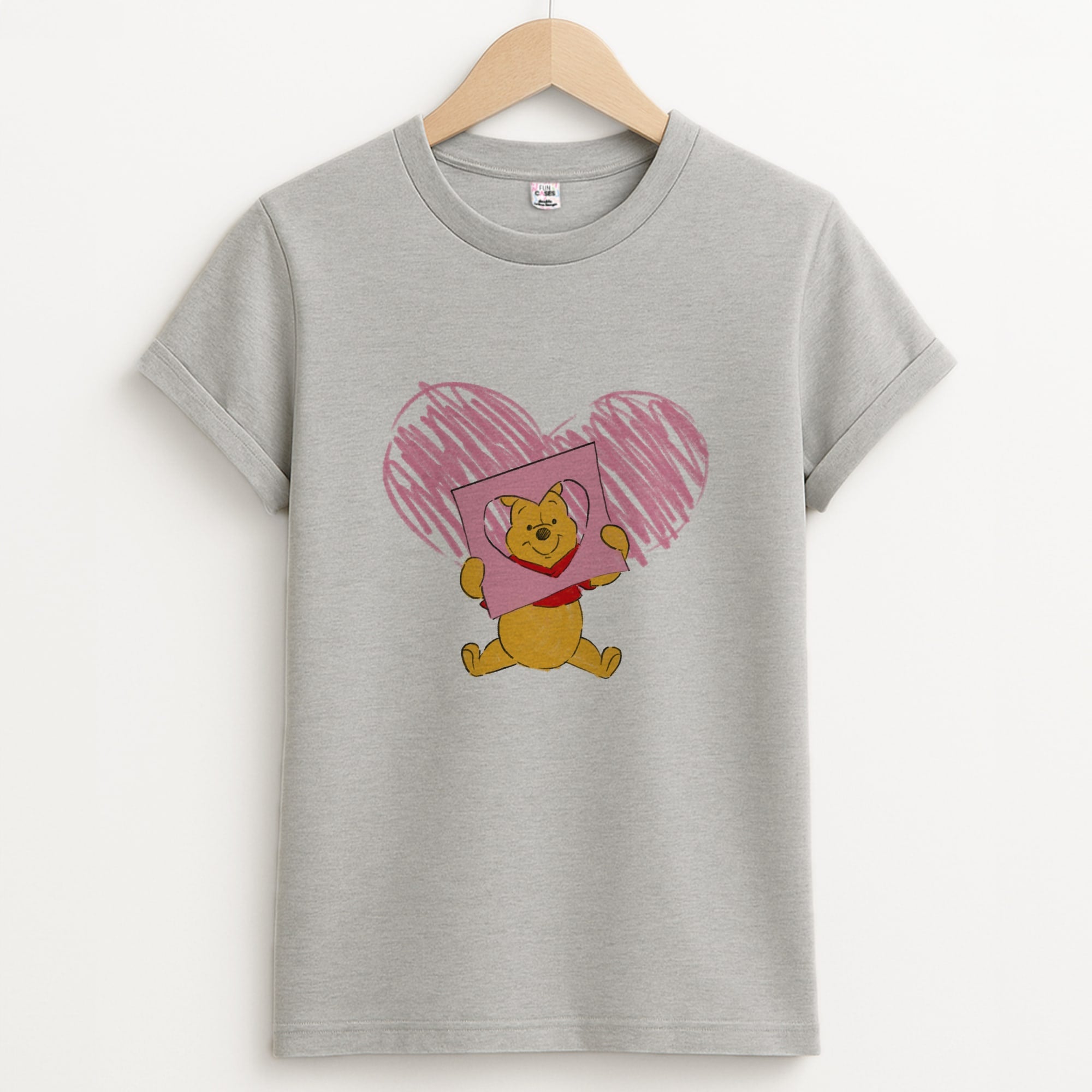 Pooh Heart Drawing Valentine's Unisex Grey T-Shirt