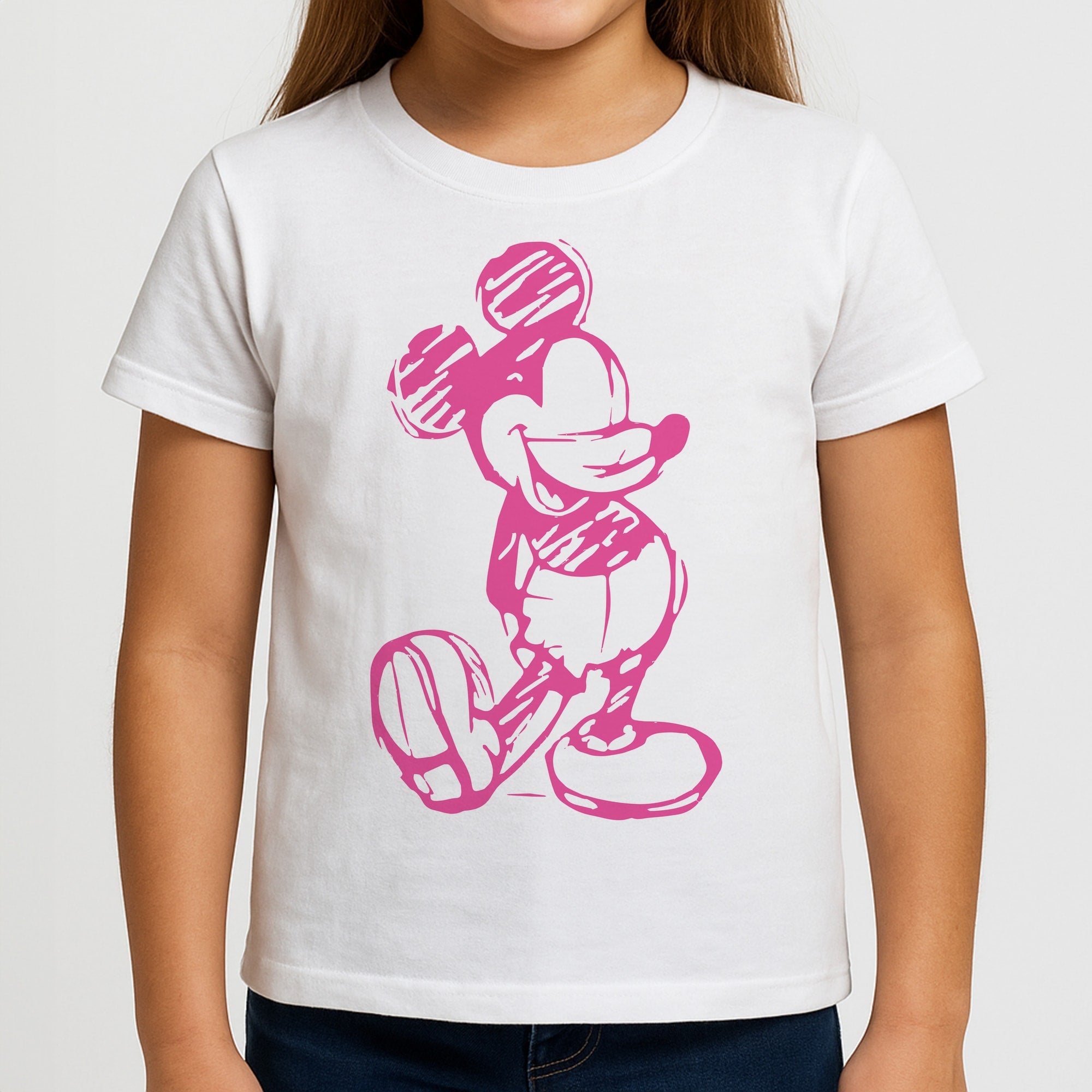 Sketched Mouse Outline Pink Girls T-Shirt