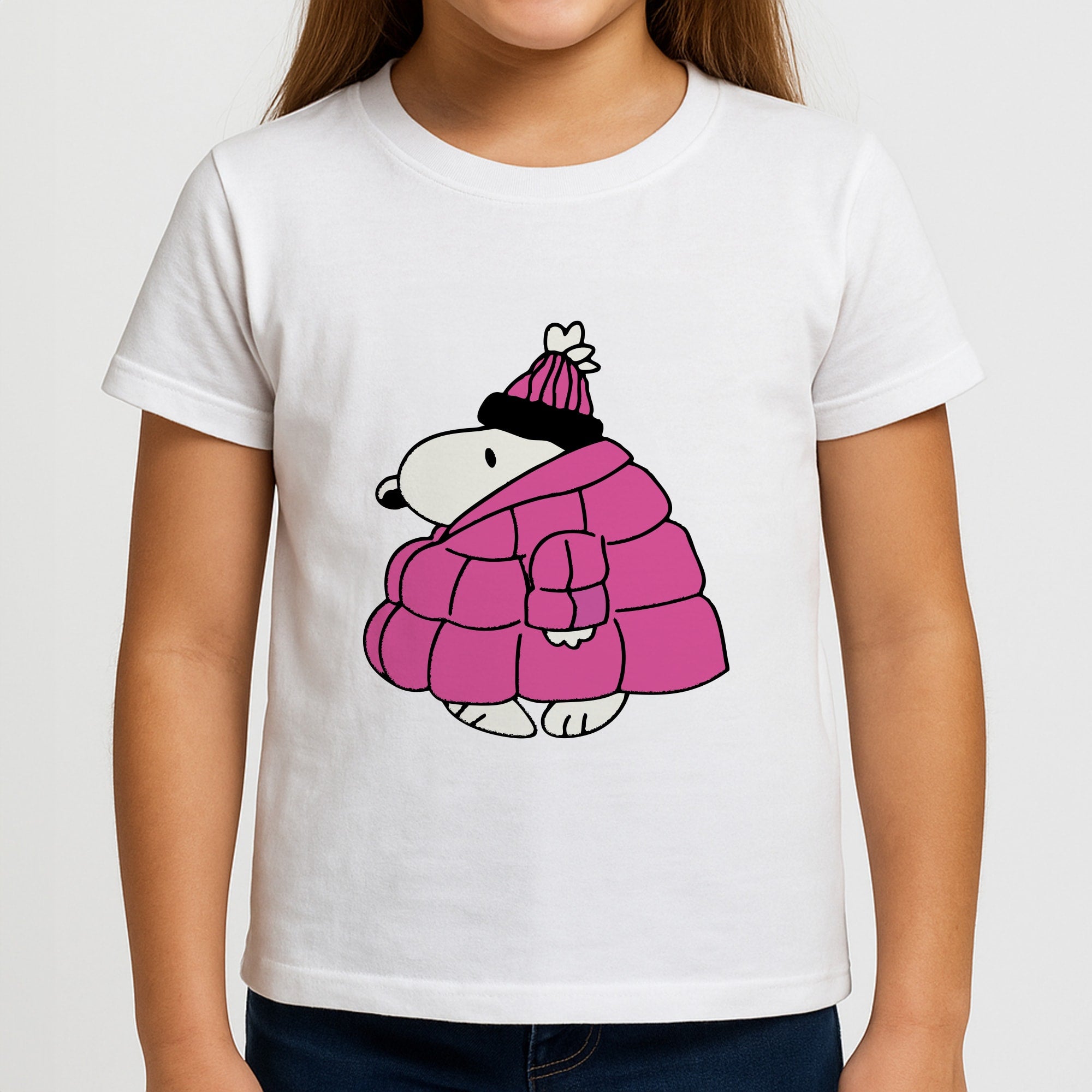 Cartoon Beagle Puffer Jacket Pink Girls T-Shirt