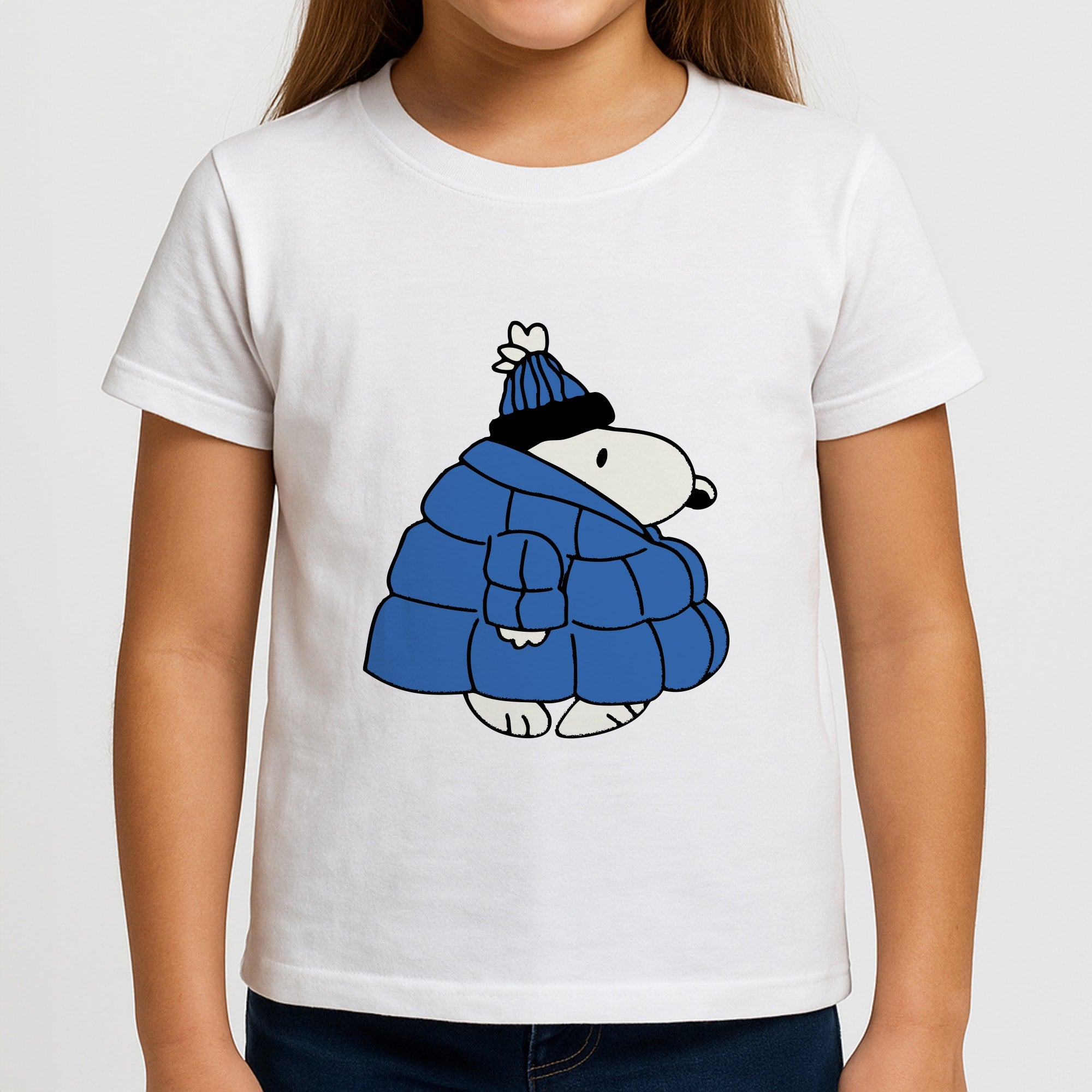 Cartoon Beagle Puffer Jacket Blue Girls T-Shirt