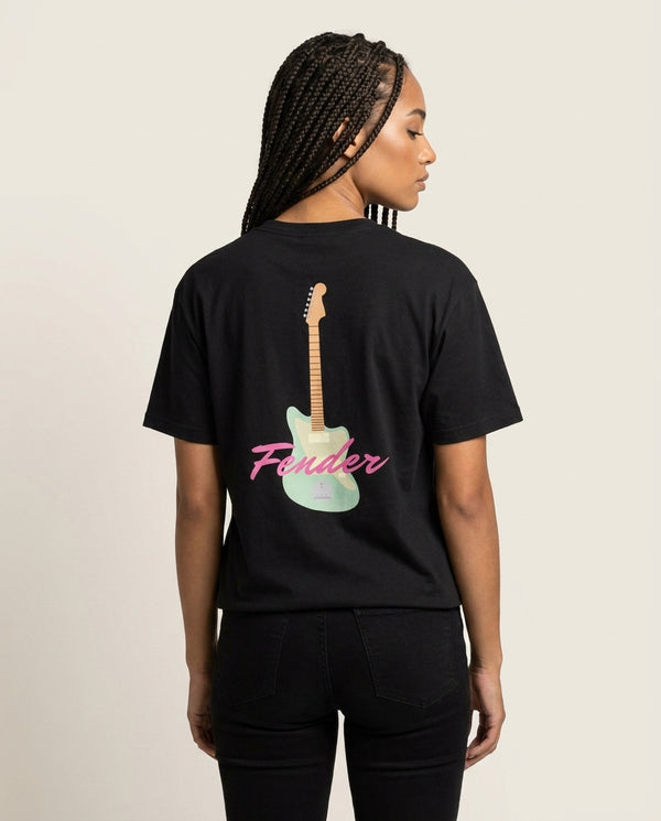 Blue Guitar Fender T-Shirt — Black Back, worn