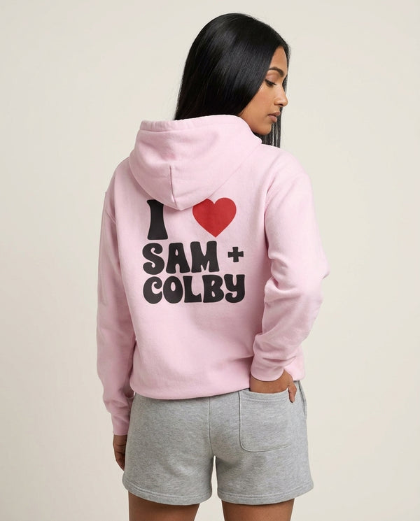 I Love S & C Hoodie — Pink Back, worn