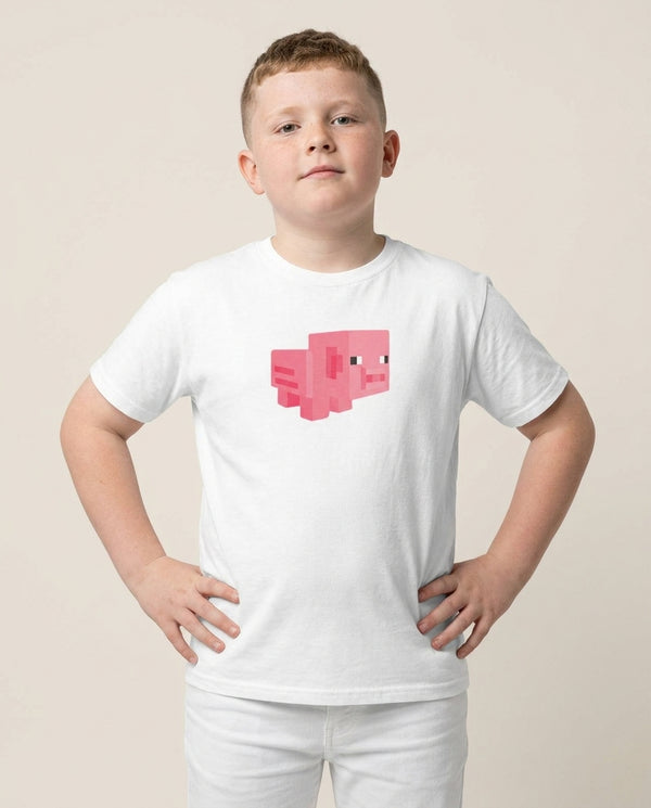 Mining Pig Kids T-Shirt — White Front, worn