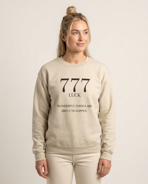 777 - Angel Numbers Sweatshirt — Sand Front, worn