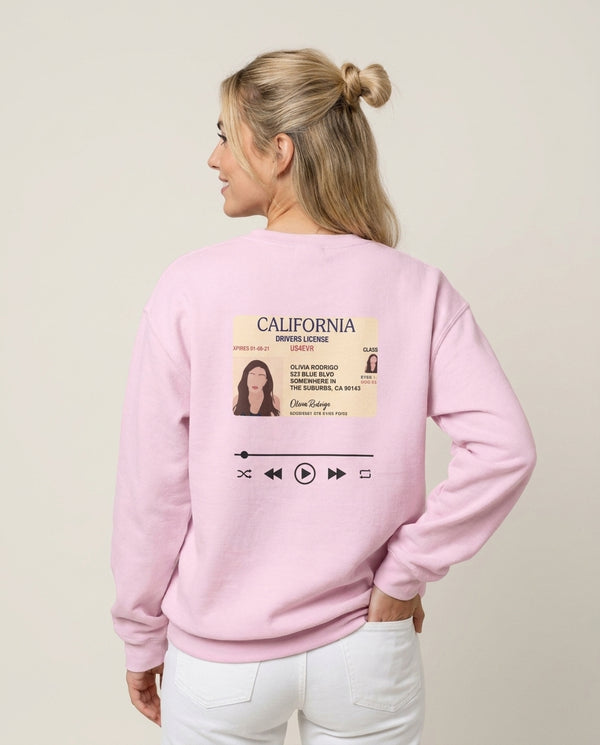 Drivers License - Olivia TikTok Sweatshirt — Pink Back, worn
