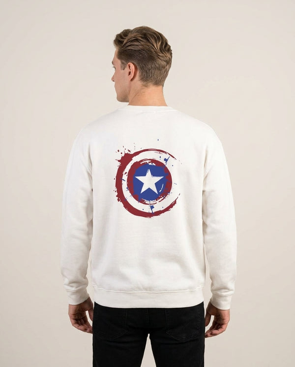 The Shield Sweatshirt — White Back, worn