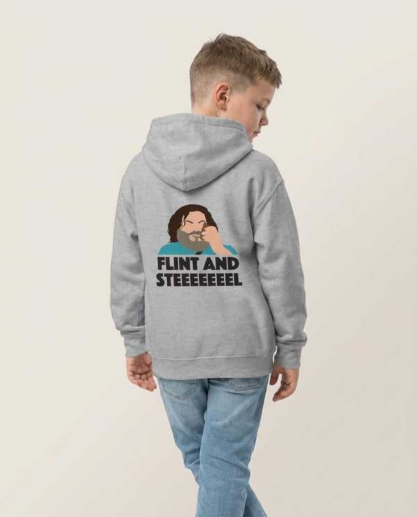 Flint And Steel Kids Hoodie — Grey Back, worn