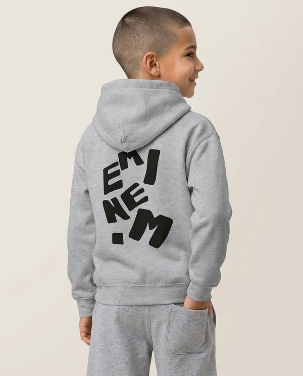 Text Kids Hoodie — Grey Back, worn