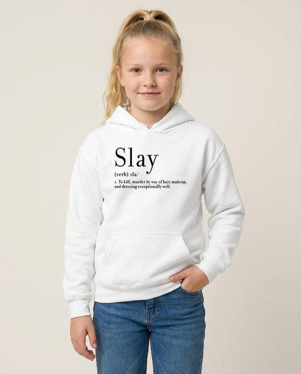 Slay Kids Hoodie — White Front, worn