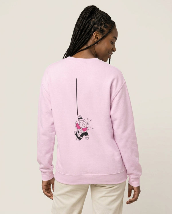Pink Hanging Spider Hero Sweatshirt — Pink Back, worn