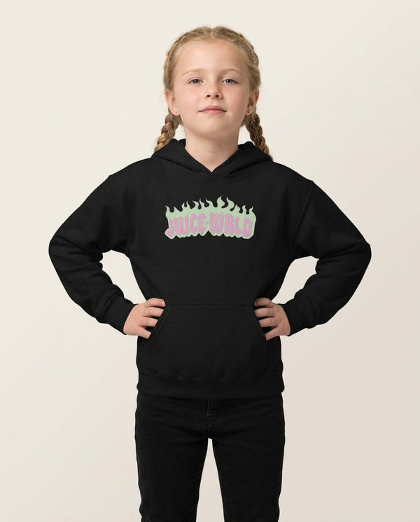 Juice + World - Juice Kids Hoodie — Black Front, worn