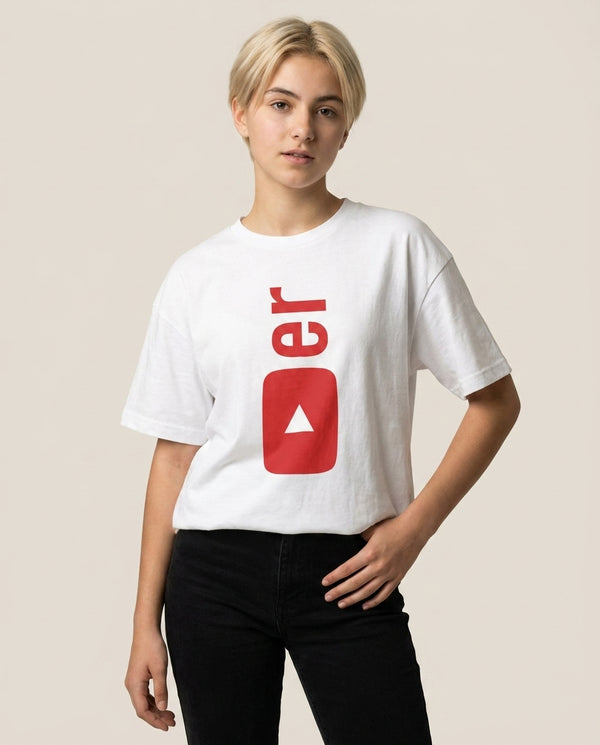 YouTuber T-Shirt — White Front, worn