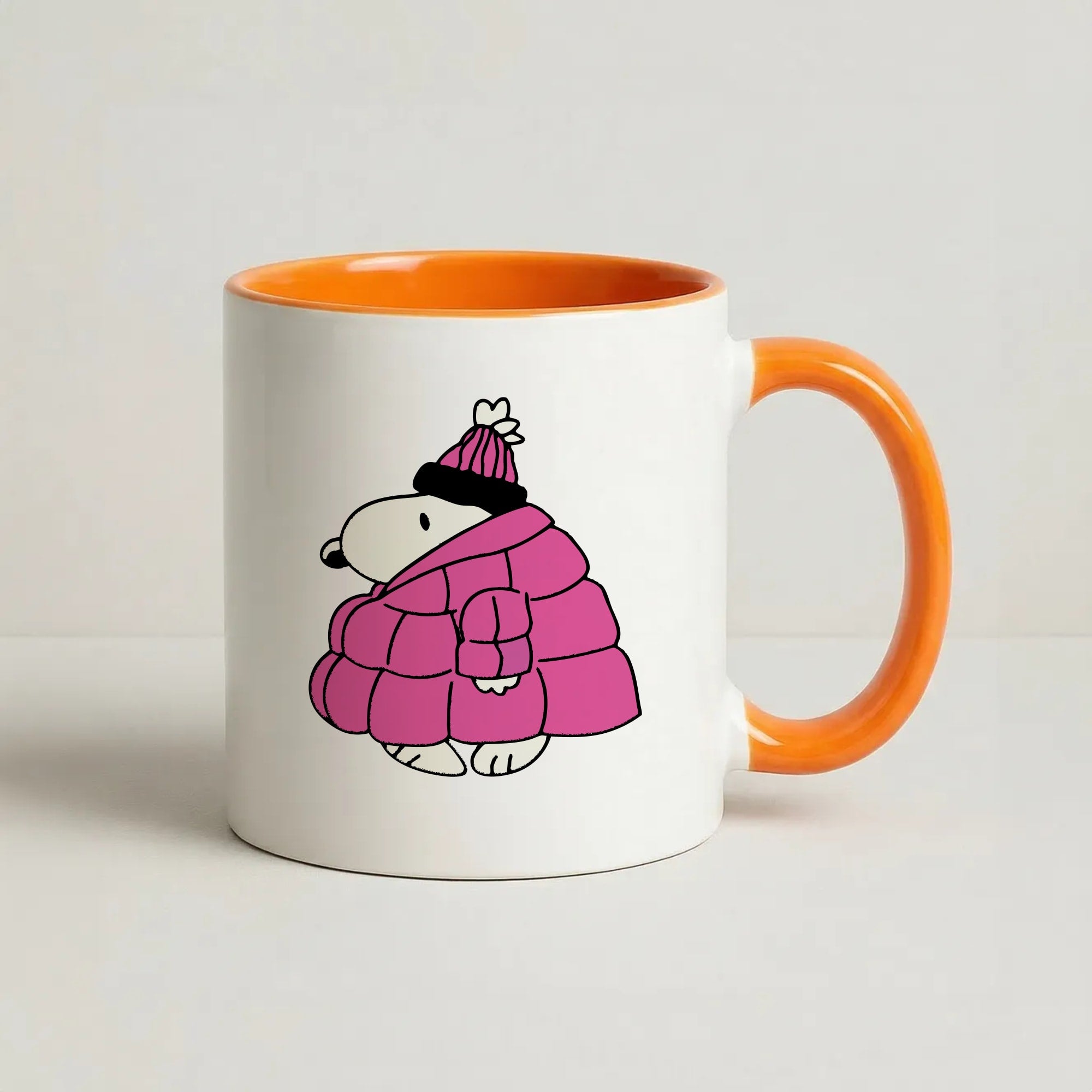 Cartoon Beagle Puffer Jacket Black Coffee Orange Mug