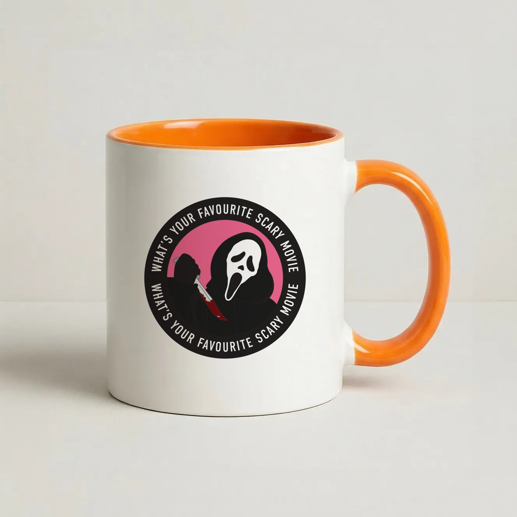 What's Your Favourite Scary Movie Badge Coffee Orange Mug