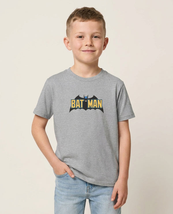 Yellow Bat Superhero Logo Kids T-Shirt — Grey Front, worn