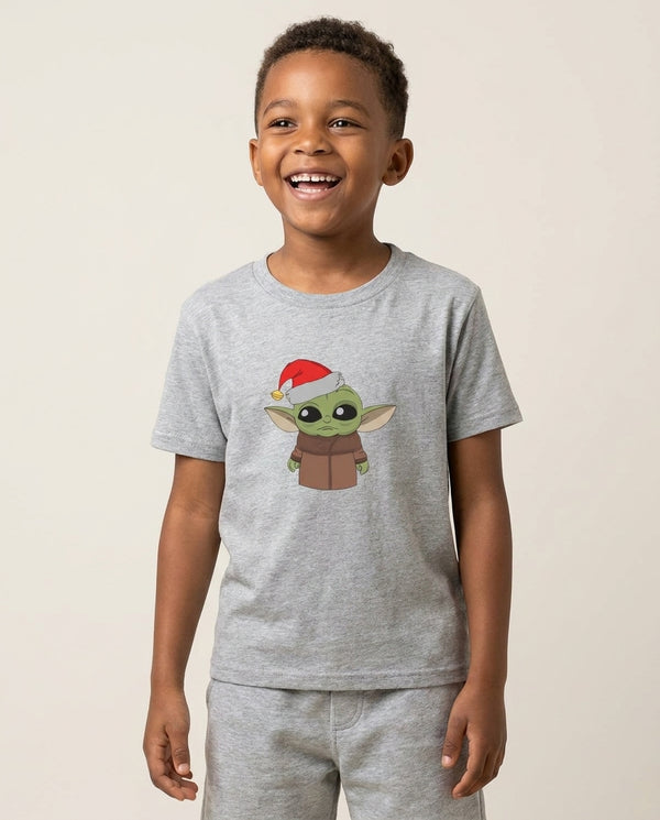 Baby Yoda Kids T-Shirt — Grey Front, worn