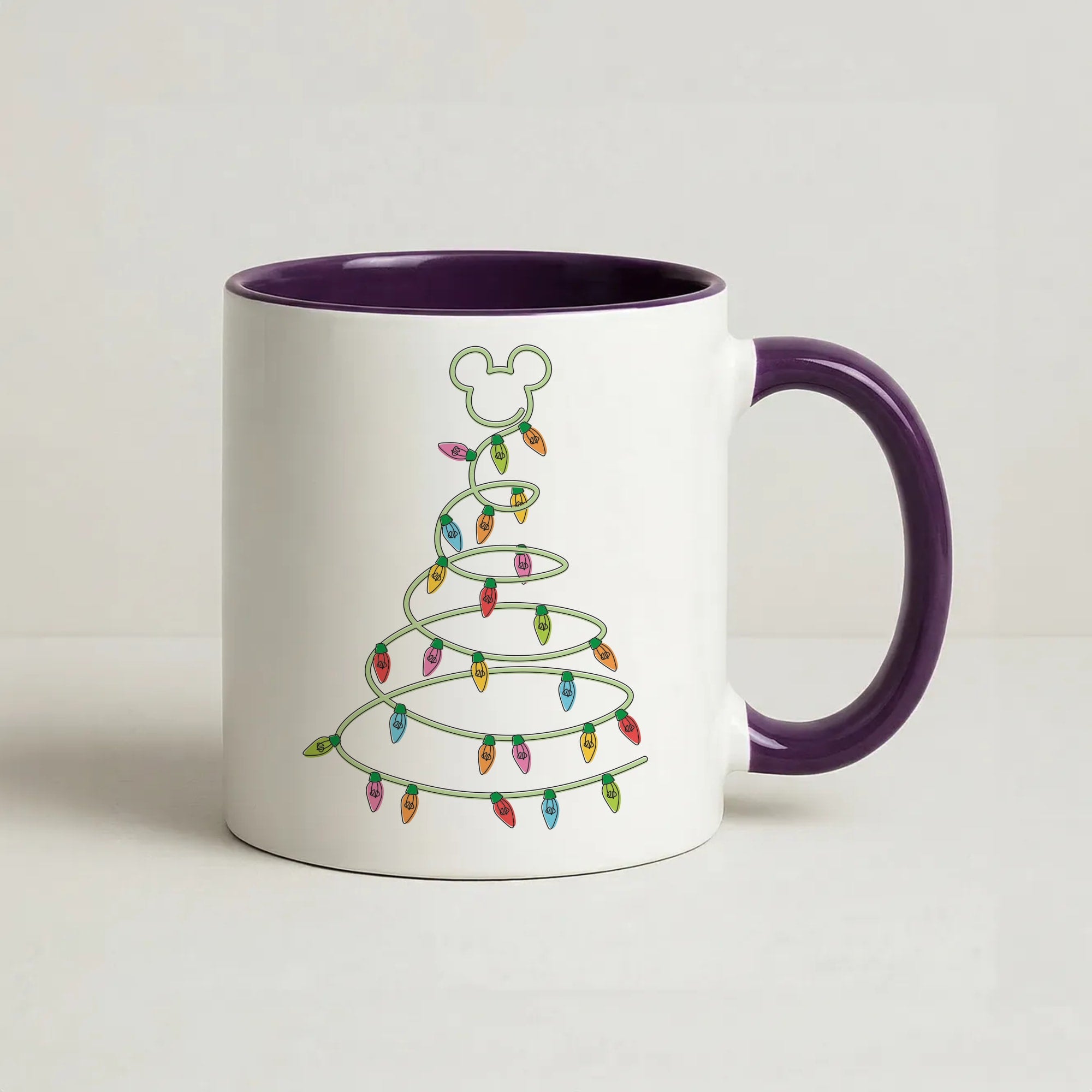 Cartoon Mouse Christmas Tree Lights Coffee Purple Mug
