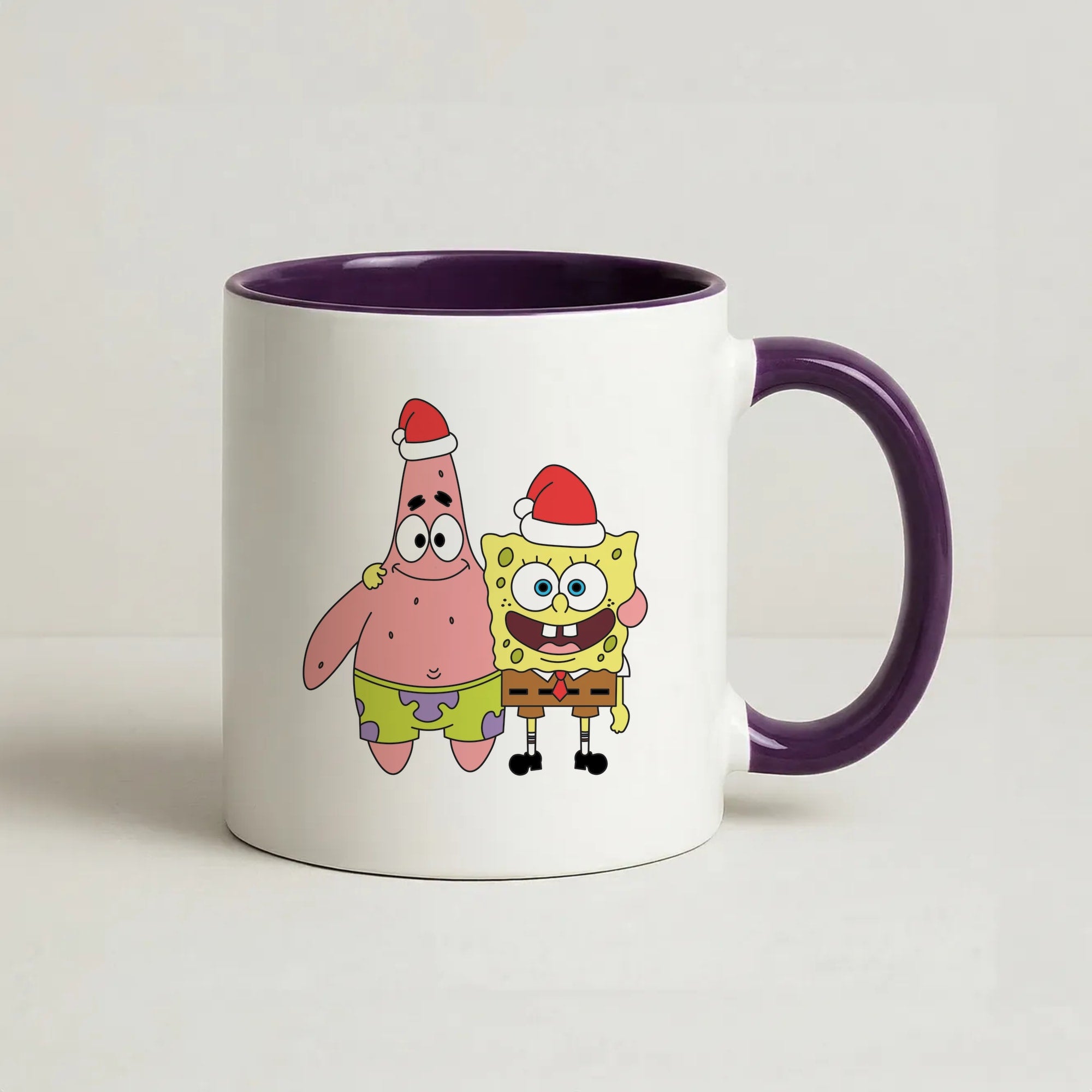 Cartoon Sponge And Starfish Christmas Hats Coffee Purple Mug