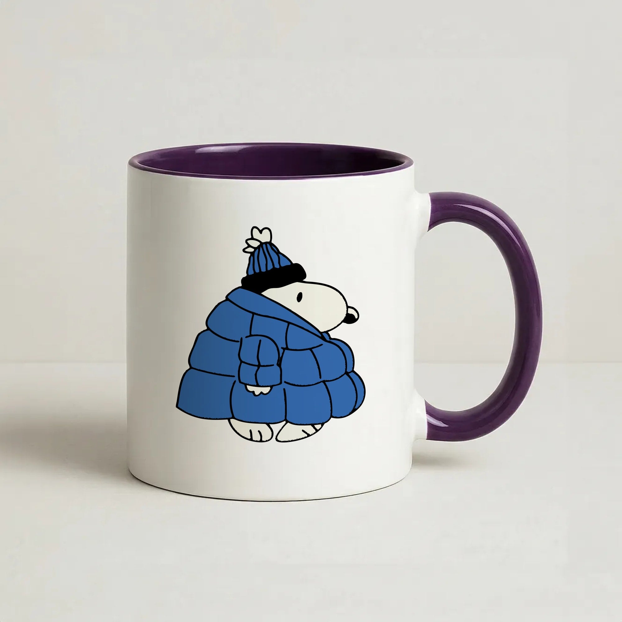 Cartoon Beagle Puffer Jacket Blue Coffee Purple Mug
