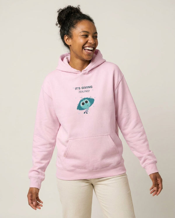 It's Giving Jelousy - Inside Out Hoodie — Pink Front, worn