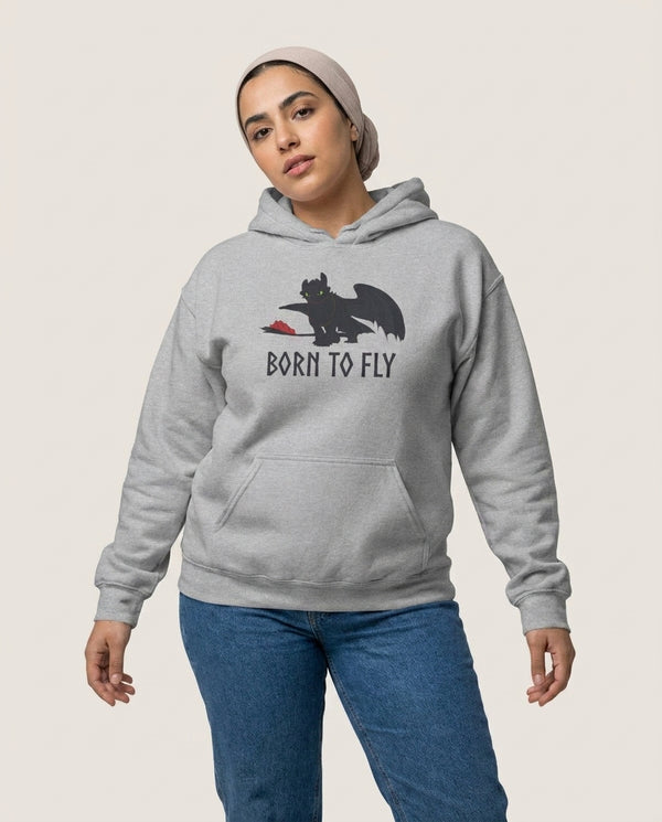 Dragon Born To Fly Hoodie — Grey Front, worn