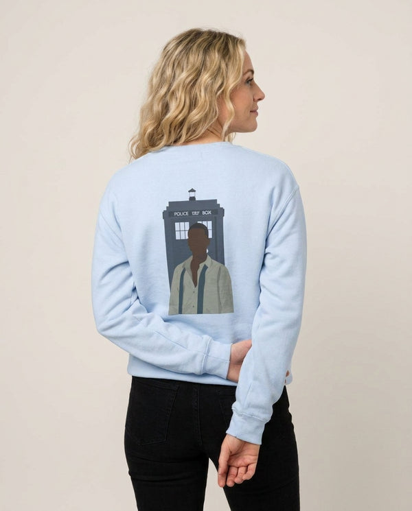 The Doctor Sweatshirt — Blue Back, worn