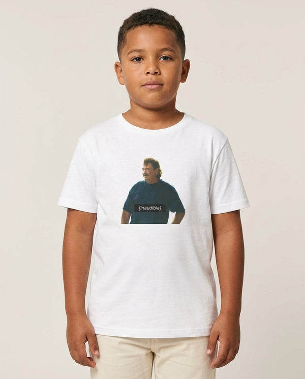 Inaudible Gerald Kids T-Shirt — White Front, worn