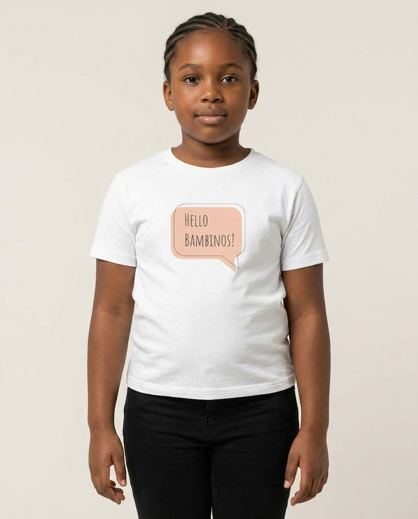 Hello Bambinos - FND Kids T-Shirt — White Front, worn