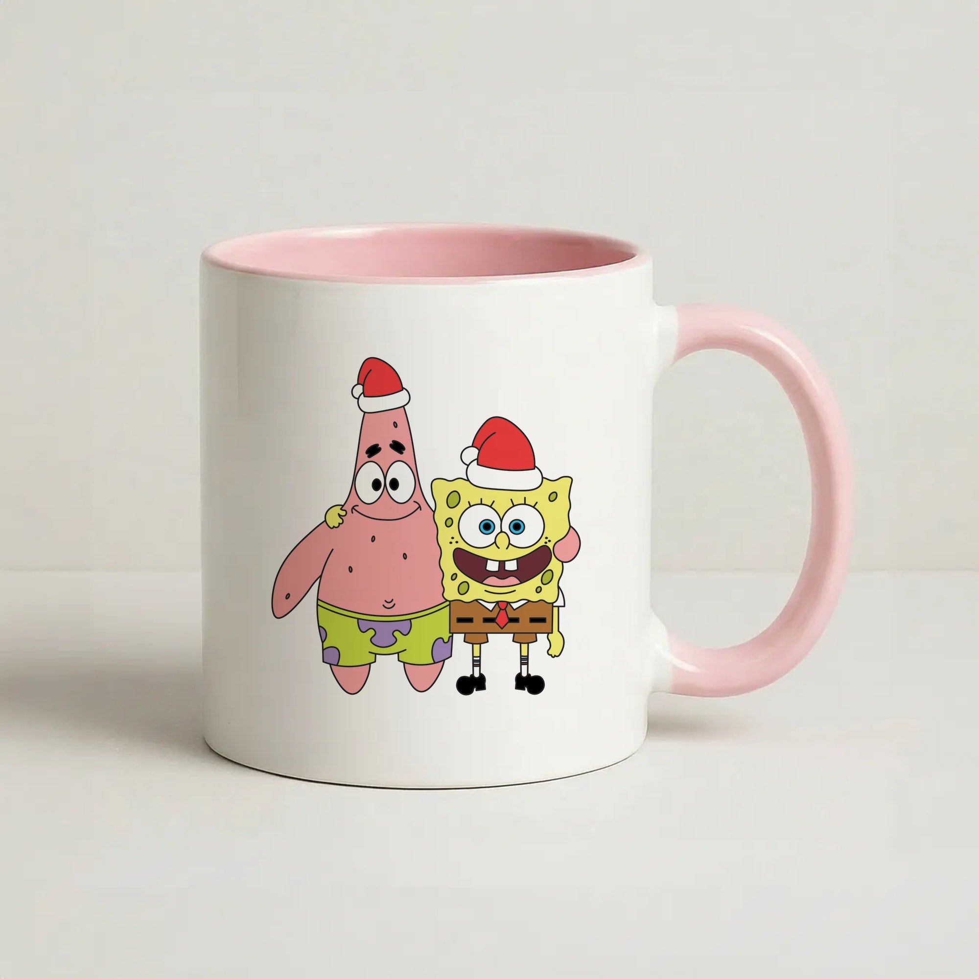 Cartoon Sponge And Starfish Christmas Hats Coffee Pink Mug