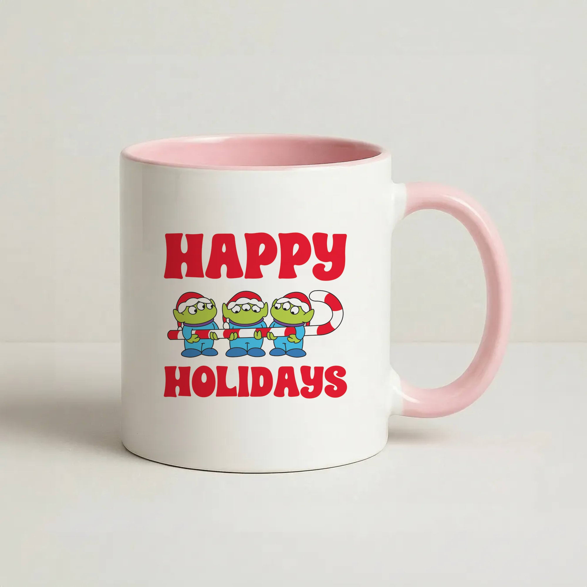 Happy Holidays Cute Green Aliens Coffee Pink Mug