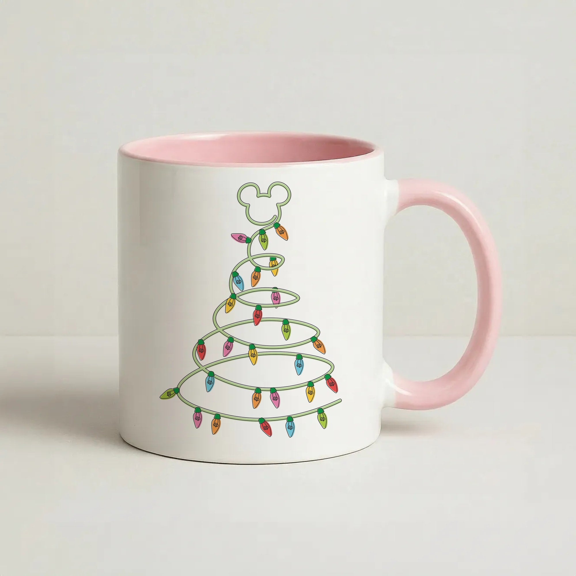 Cartoon Mouse Christmas Tree Lights Coffee Pink Mug