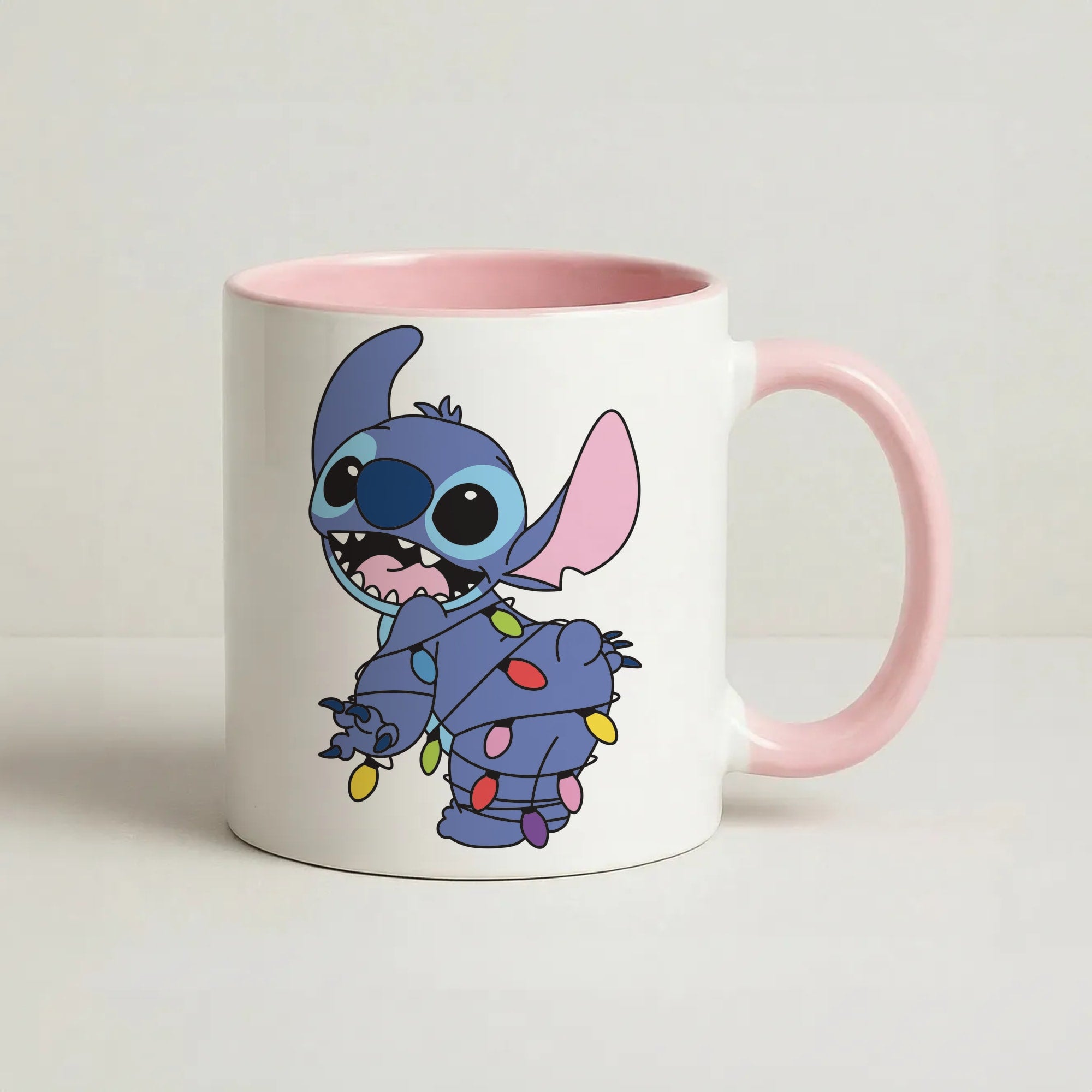 Cute Blue Alien Fairylights Coffee Pink Mug