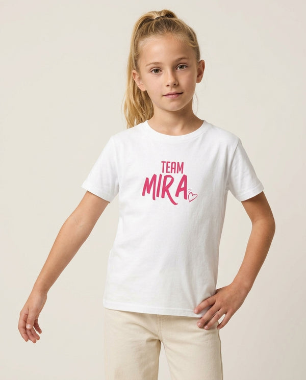 Team Mira Kids T-Shirt — White Front, worn