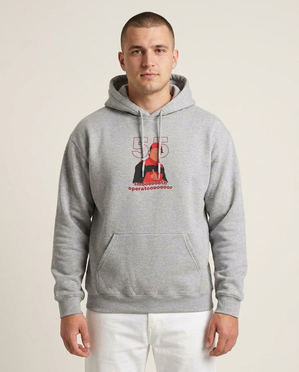 Smooth Operator Hoodie — Grey Front, worn