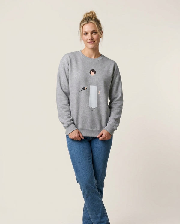 Leia Faceless With Gun Sweatshirt — Grey Front, worn