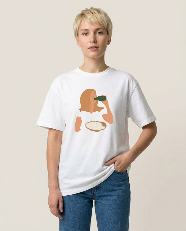 Rachel's Wedding Dress T-Shirt — White Front, worn