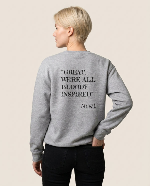 Great, We're All Bloody Inspired - Maze Sweatshirt — Grey Back, worn