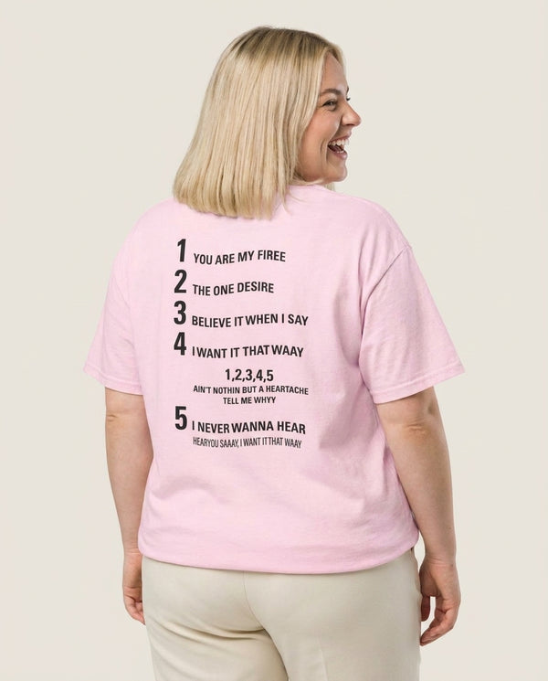 I Want It That Way - B99 T-Shirt — Pink Back, worn