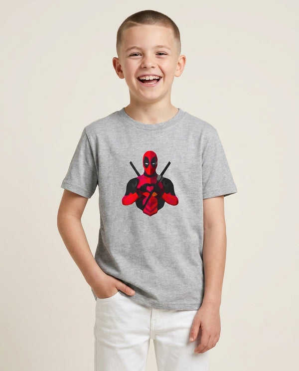DP Kids T-Shirt — Grey Front, worn