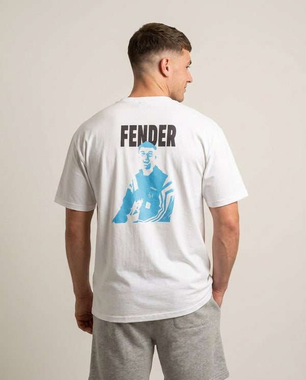 Fender Silhouette Blue T-Shirt — White Back, worn