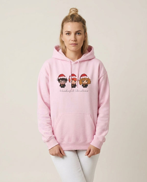 Wizards With Christmas Hats Hoodie — Pink Front, worn