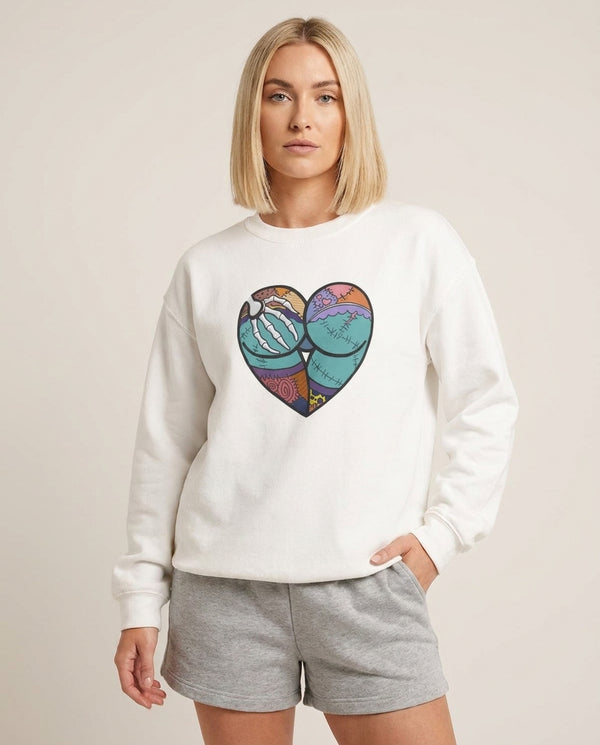 Sally And Jack Heart - TNBC Sweatshirt — White Front, worn