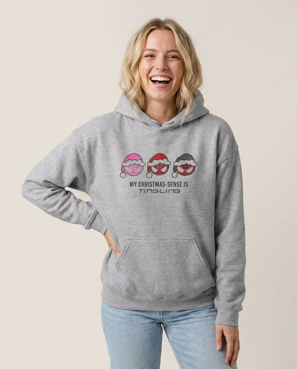 Spider Hero Christmas Sense Hoodie — Grey Front, worn