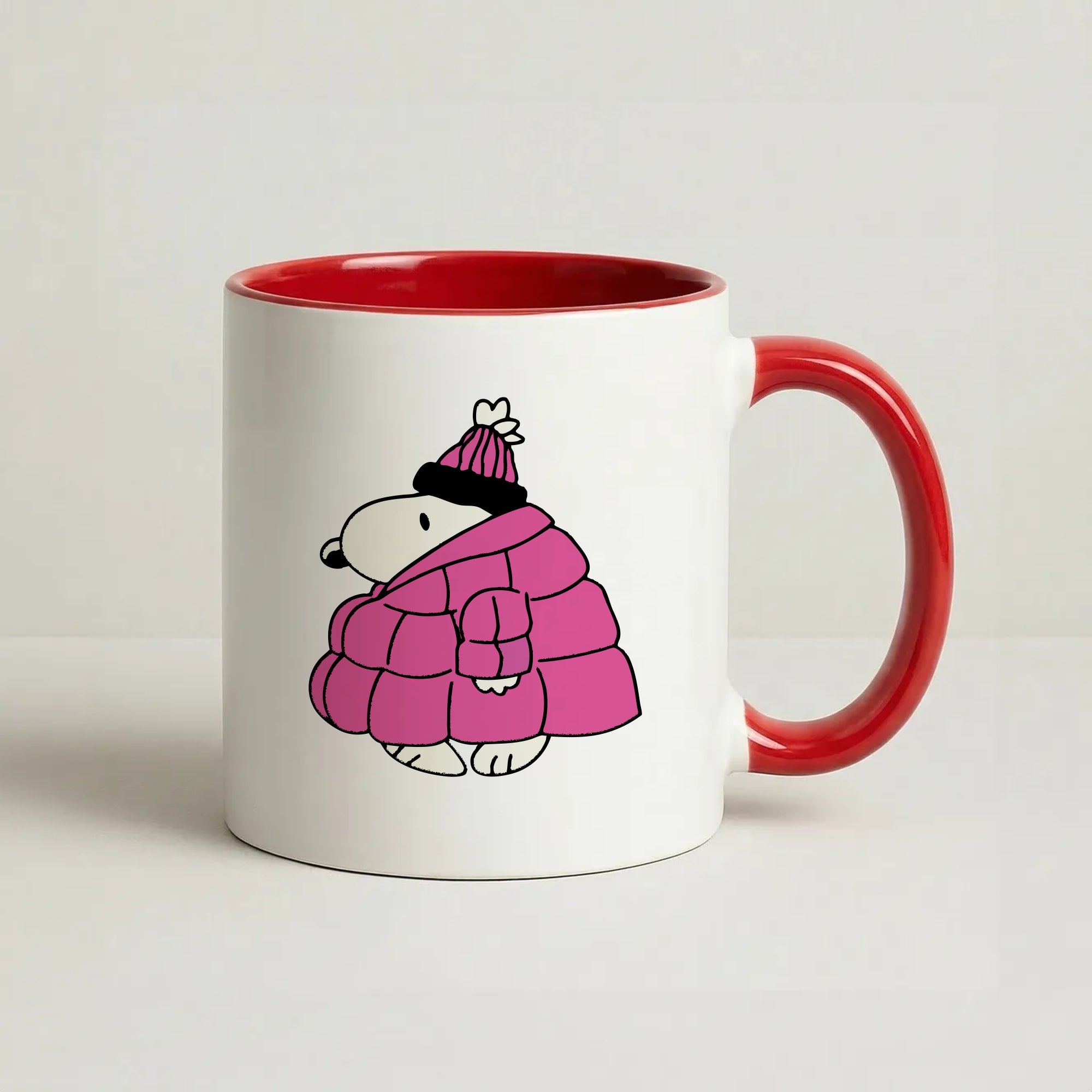 Cartoon Beagle Puffer Jacket Black Coffee Red Mug