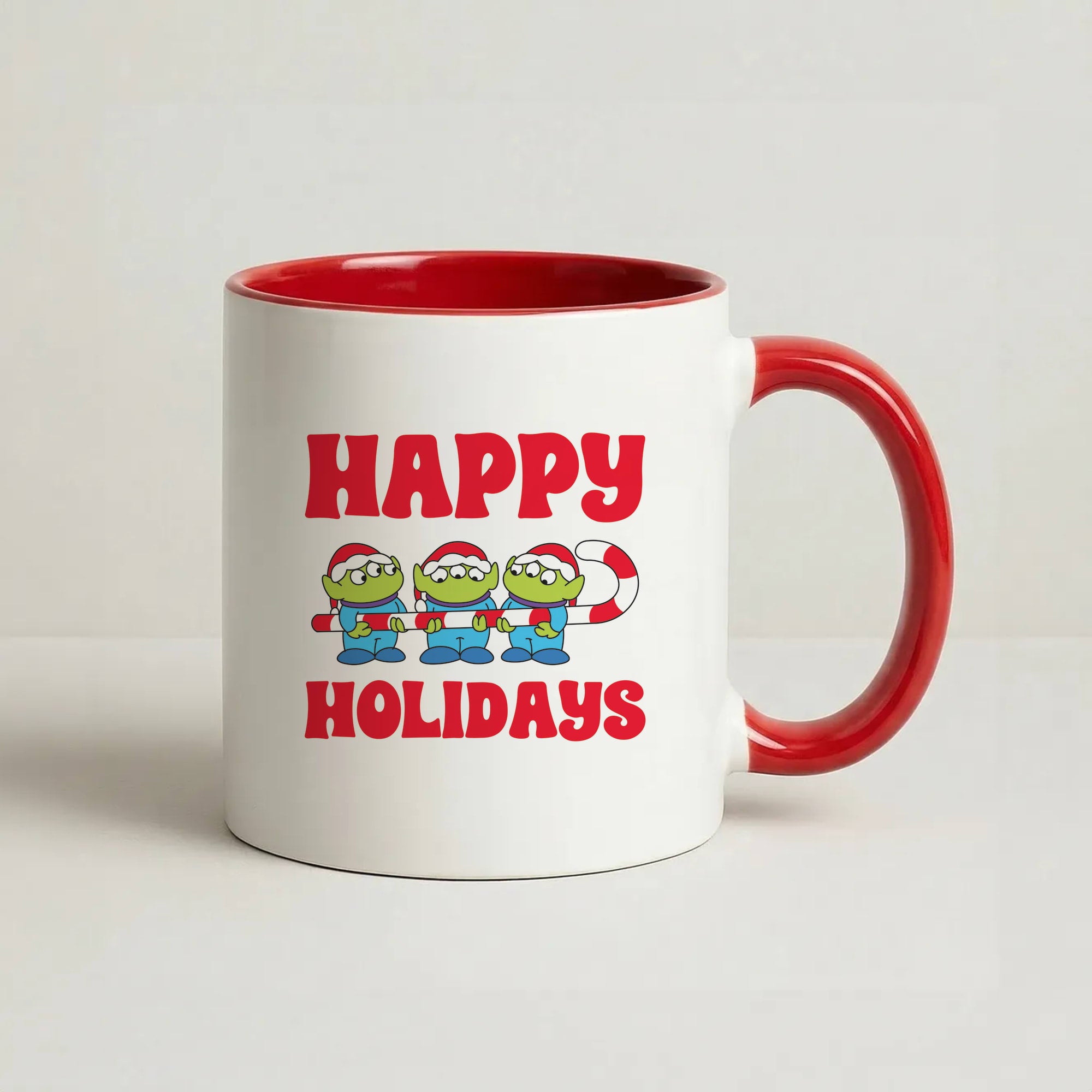 Happy Holidays Cute Green Aliens Coffee Red Mug