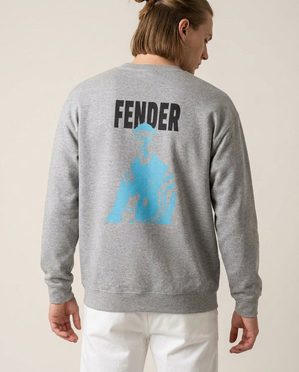 Fender Silhouette Blue Sweatshirt — Grey Back, worn