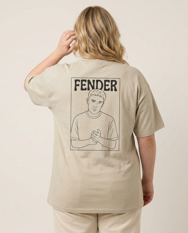 Fender Outline T-Shirt — Sand Back, worn