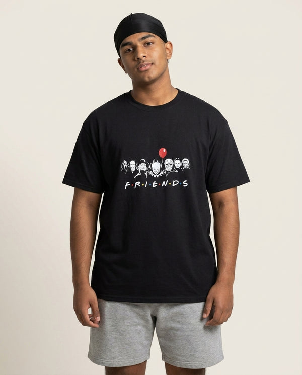 Horror Friends T-Shirt — Black Front, worn