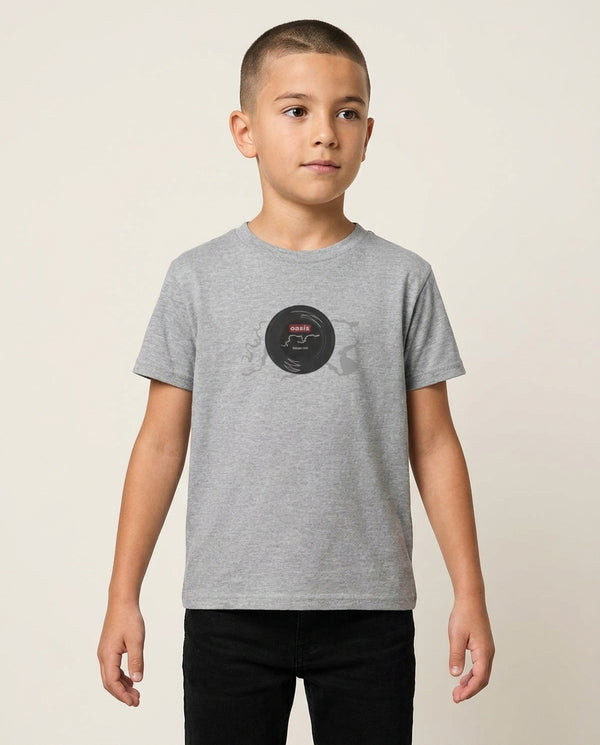 Wonderwall Record Kids T-Shirt — Grey Front, worn