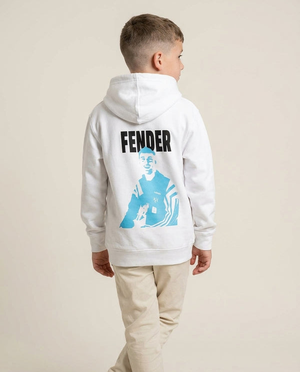 Fender Silhouette Blue Kids Hoodie — White Back, worn